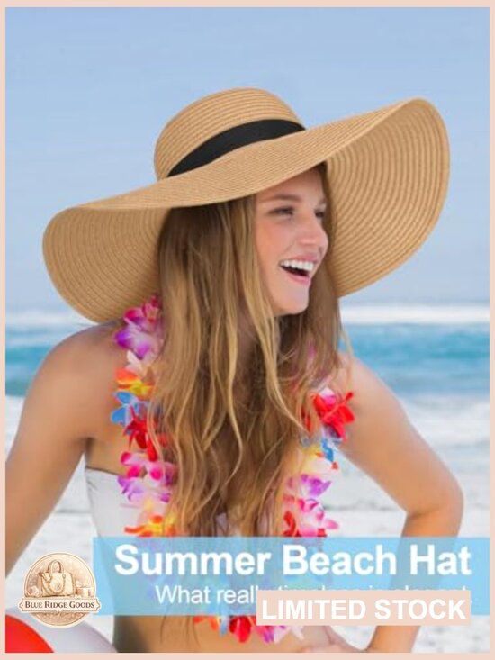 Oversize Wide Brim Straw Beach Hat Floppy Foldable Roll-Up Sun Hat UPF 50+
